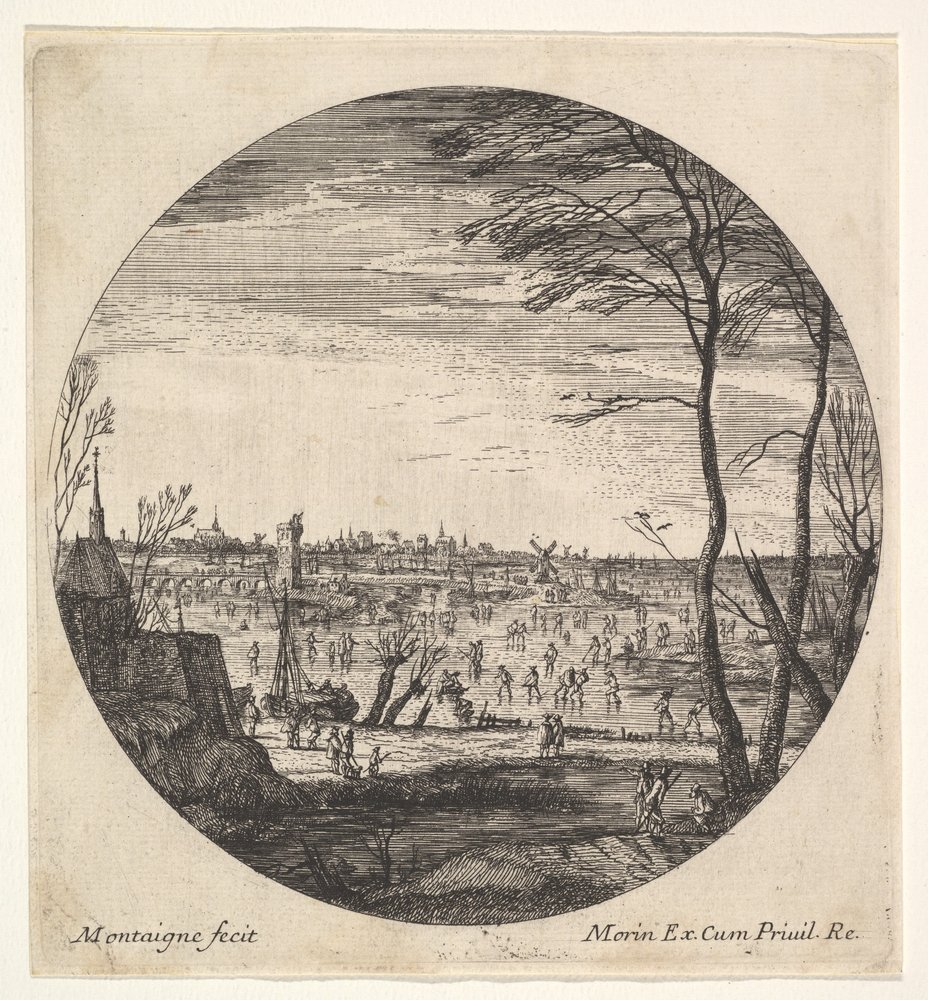 Zimowy pejzaż z postaciami jeżdżącymi na łyżwach po zamarzniętym akwenie w okrągłych kompozycjach..., ca. 1625-60. autorstwa Matthijs van Plattenberg
