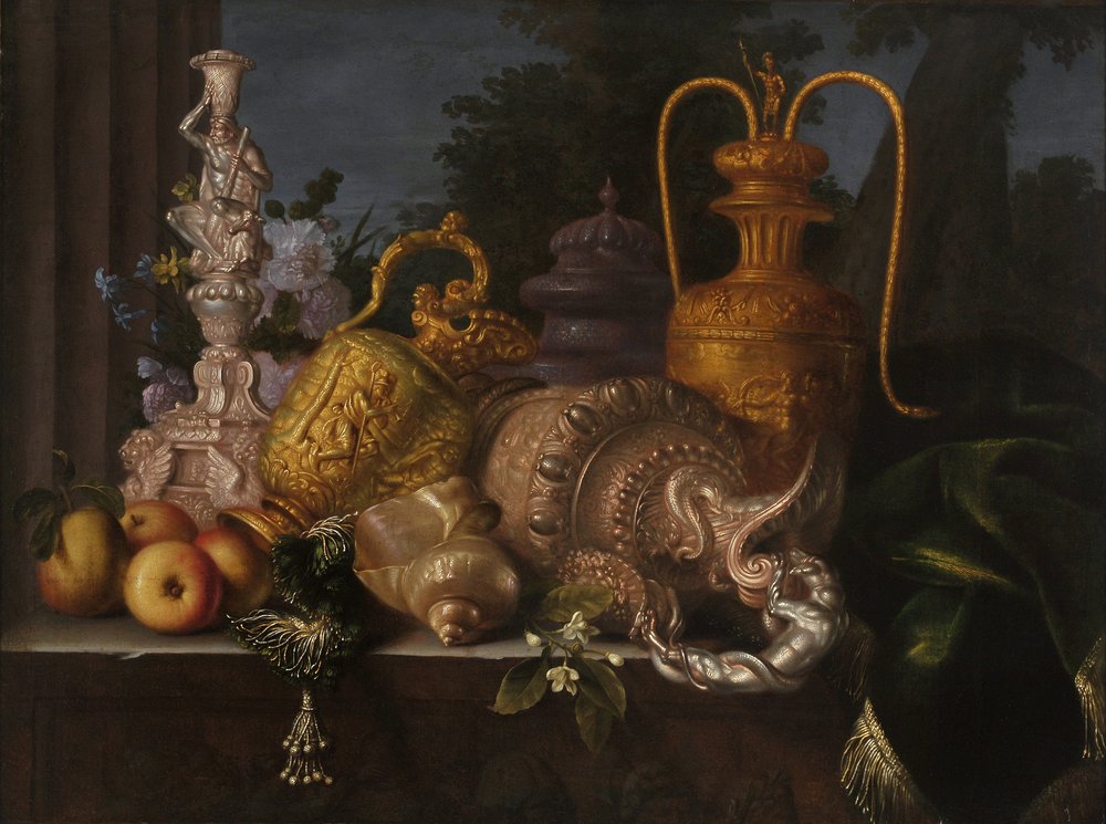 Martwa natura, muszle i złotnik. Obraz Meiffrena Conte (1630-1705). Olej na płótnie. Wymiary: 91x121cm. Wzmianka obowiązkowa: Collection fondation faith de Provence, Marseille autorstwa Meiffren (c.1630-1705) Conte