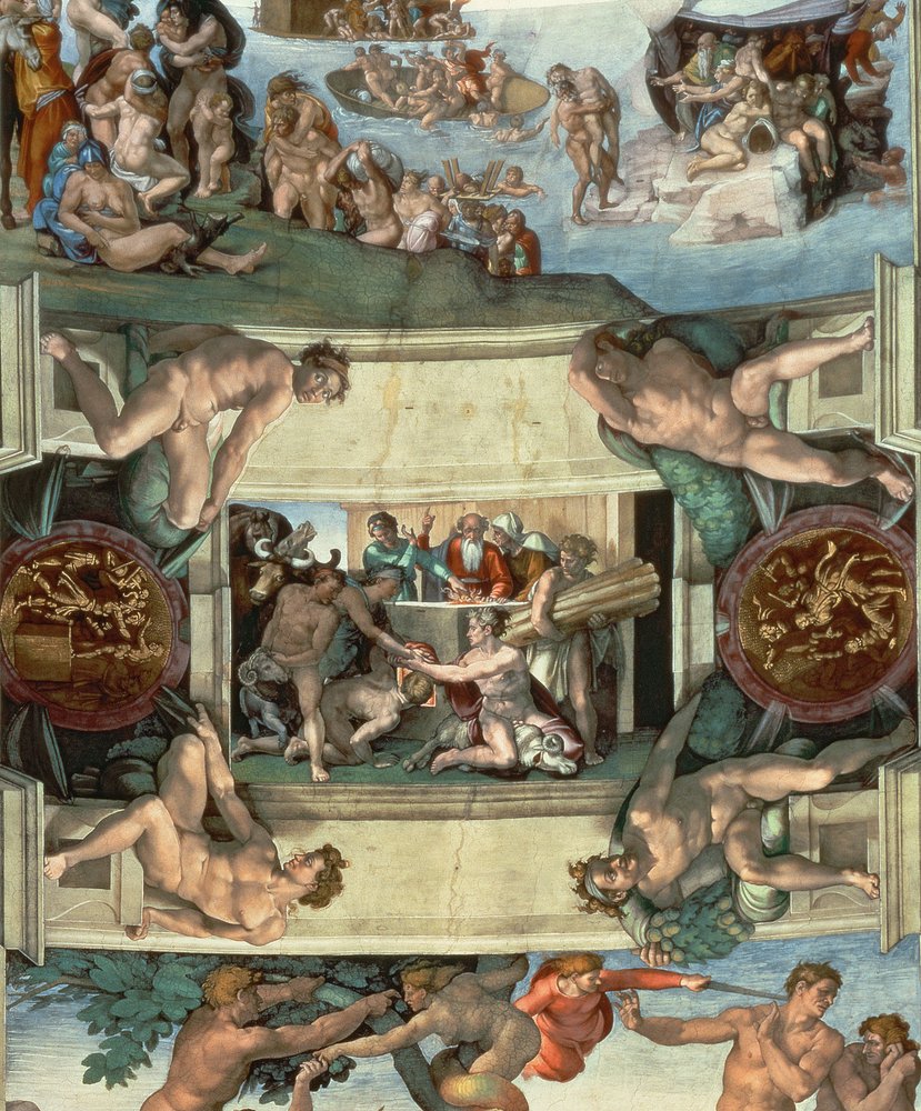 Sklepienie Kaplicy Sykstyńskiej (1508-12): Ofiara Noego, 1508-10 (po restauracji) autorstwa Michelangelo Buonarroti