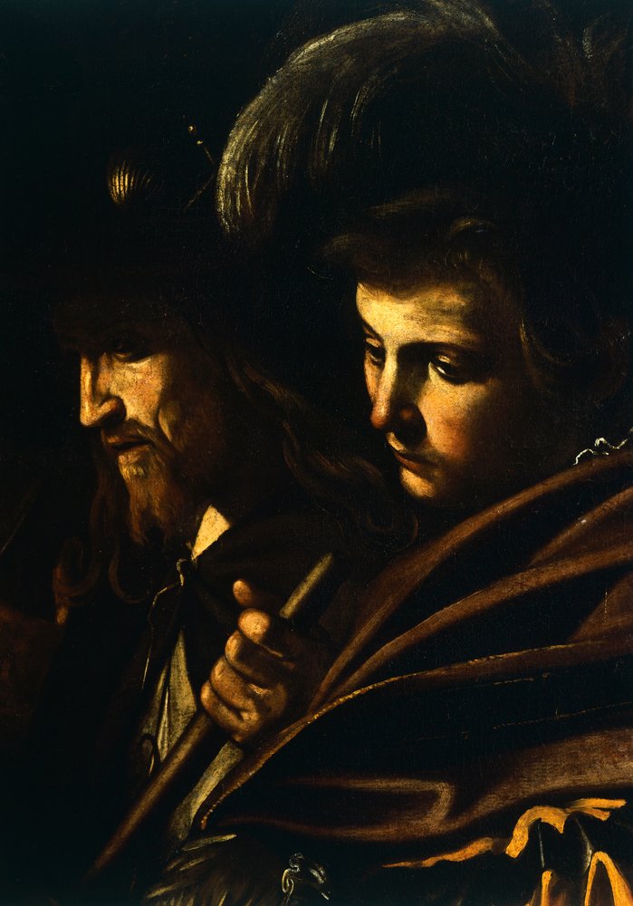 Twarze dwóch mężczyzn, fragment z Matki Bożej Miłosierdzia lub Siedmiu Aktów Miłosierdzia, ok. 1606-07 (olej na płótnie) autorstwa Michelangelo Merisi da Caravaggio