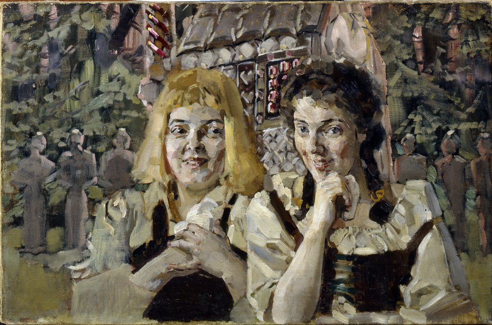 Jaś i Małgosia (Jaś i Małgosia). Portrety dwojga dzieci z bajki braci Jakuba (1785-1863) i Wilhelma (1786-1859) Grimm, o zachłannych oczach przed cukiernią. Obraz Michaiła Aleksandrowicza Vrubela (Vrubel) (1856-1910), olej na autorstwa Mikhail Aleksandrovich Vrubel