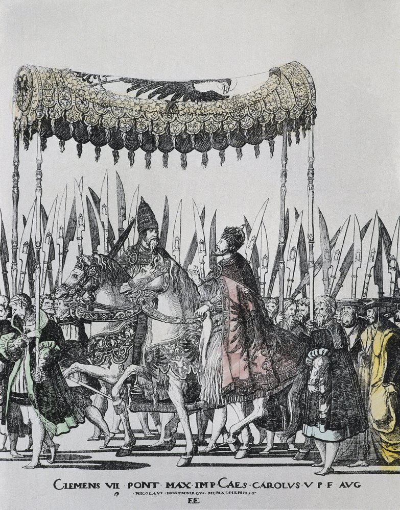 Hogenberg, Nicolas (1500-1539). Koronacja Karola V w Bolonii. Karol V (1500-1558). Cesarz Świętego Cesarstwa Rzymskiego (1519-1556) i jako Karol I król Hiszpanii (1516-1556); Klemens VII (1478-1534). Papież w latach 1523-1534 autorstwa Nicholas Hogenberg