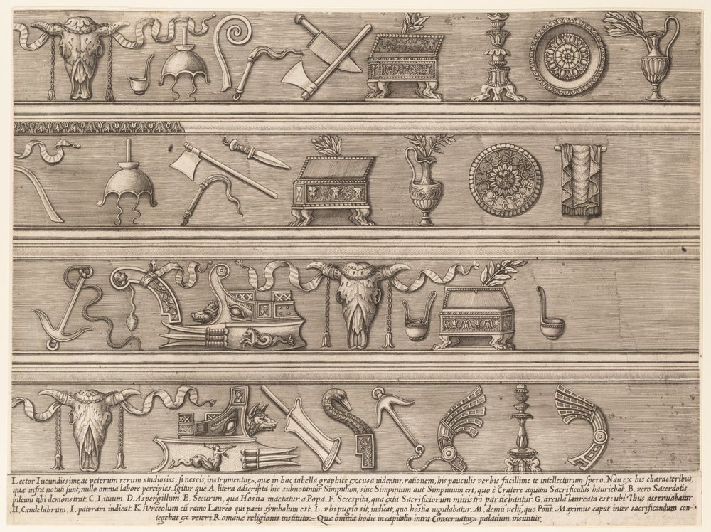 Lustro rzymskiej wspaniałości: instrumenty ofiarne oparte na starożytnych reliefach Sc..., ca. 1550-75. autorstwa Nicolas Beatrizet.