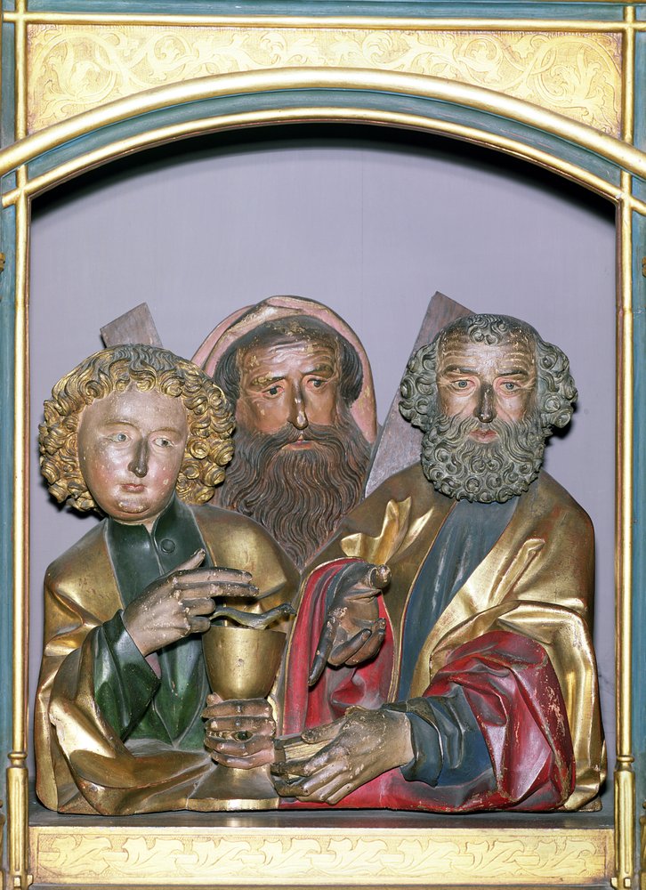Drewniane rzeźby SS. Jan, Andrzej i Piotr, z predelli ołtarza z Isenheim, ok. 1490 (drewno malowane) autorstwa Nikolaus Hagenauer