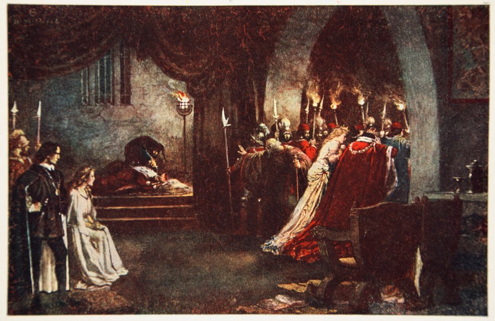 'Dajcie mi trochę światła! Away!”, Hamlet, książę Danii, akt III scena 2, ilustracja z „Opowieści Szekspira” Charlesa i Mary Lamb autorstwa Norman Mills (after) Price