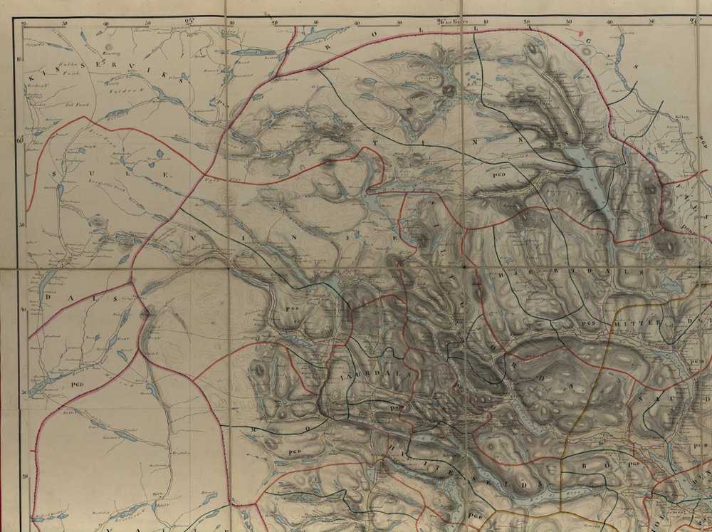 Mapa z kolekcji kart Biblioteki Narodowej. Mapa została wydana jako rysowana ręcznie (po 1846 roku) i przedstawia Telemark autorstwa P. A. Munch