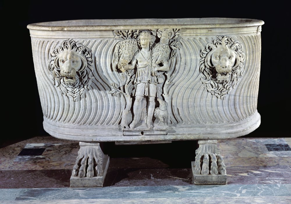 Sarkofag Borghese ozdobiony Dobrym Pasterzem i głowami lwów, III-V wiek autorstwa Paleo-Christian