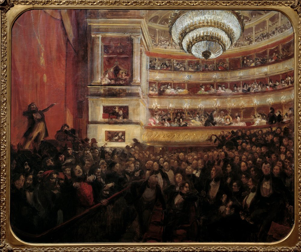 Premiera przedstawienia Hernani Premiere utworu „Hernani” Victora Hugo (1802-1885) w Komedii Francuskiej 25.02.1830. Obraz Paula Alberta Besnarda (1849-1934) XIX w. Niedz. 1,05x1,22 m Paryż, dom Victor Hugo autorstwa Paul Albert Besnard
