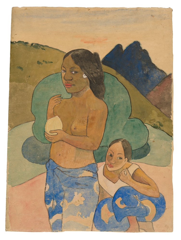 Dwie tahitańskie kobiety na tle krajobrazu autorstwa Paul Gauguin