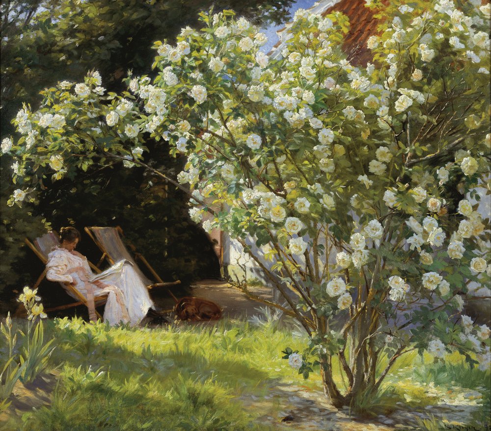 Marie Krøyer siedząca w leżaku w ogrodzie przy domu pani Bendsen autorstwa Peder Severin Krøyer