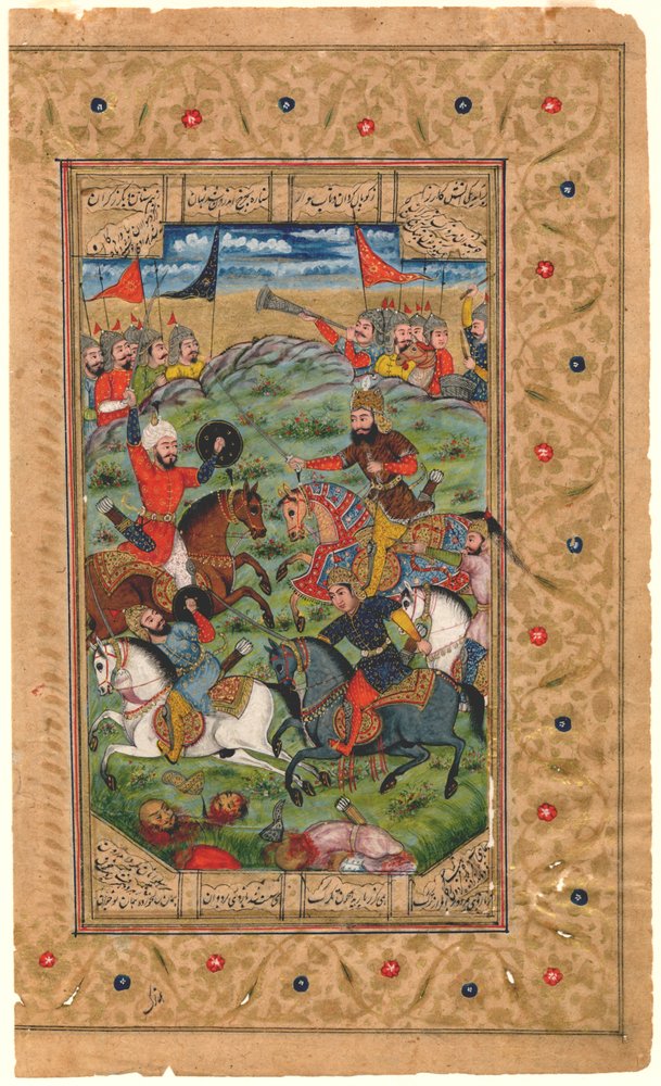 Shahnama: Rustam i Isfandiyar rozpoczynają walkę, 1600-1625 (tempera) autorstwa Persian School