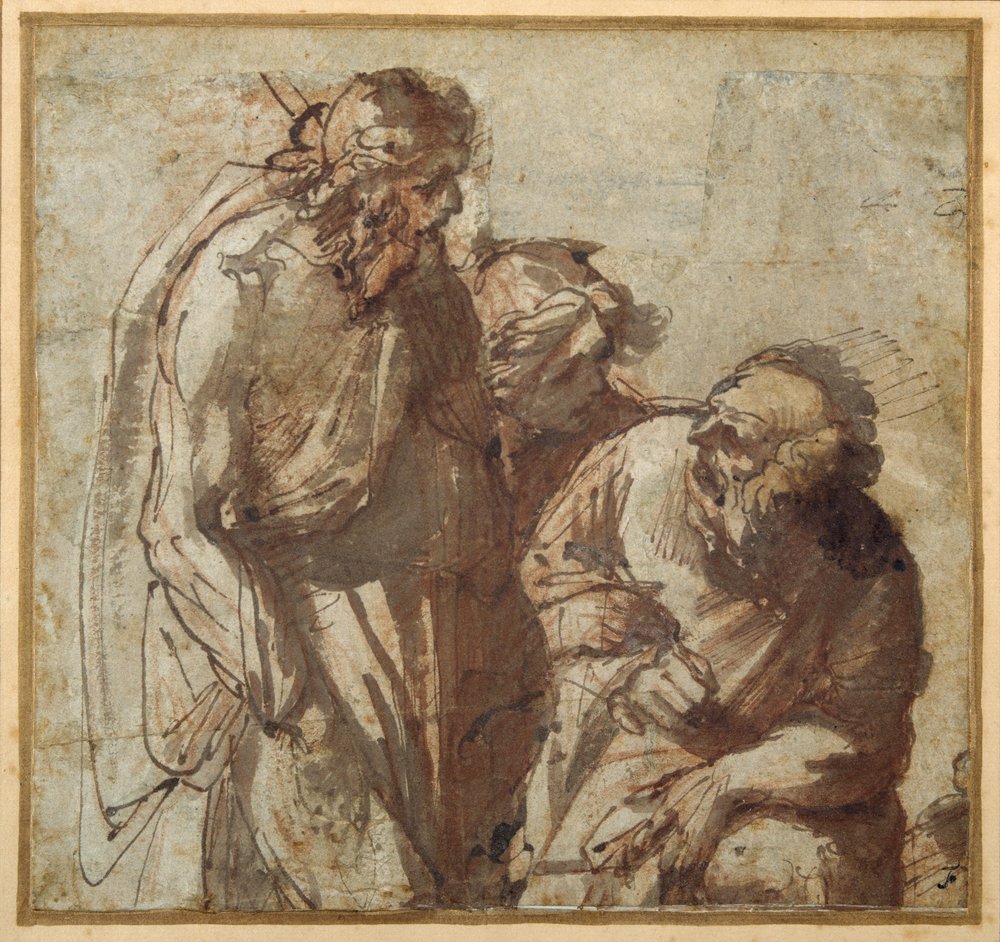 Św. Piotr zaprzecza Chrystusowi (pióro i brązowy tusz z brązowym lakierem) autorstwa Pier Francesco Mola