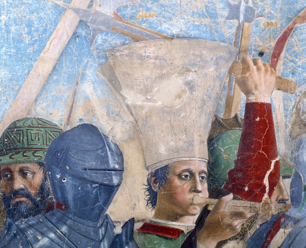 Legenda o prawdziwym krzyżu, bitwa pod Herakliuszem i Chosroes, fragment trębacza, ukończony fresk z 1464 r. autorstwa Piero della Francesca