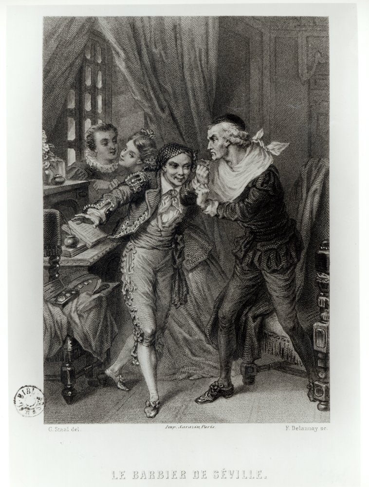 Figaro, ilustracja z aktu III scena 12 „Cyrulika sewilskiego” Pierre Augustin Caron de Beaumarchais (1732-99) sztychowana przez Ferdinanda Delanoya (fl.1850) 1874 autorstwa Pierre Gustave Eugene Staal