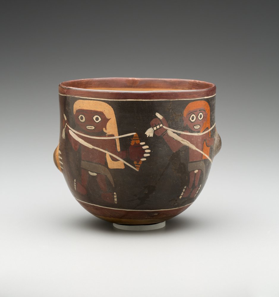 Miska ozdobiona Men Spinning (malowana terakota) autorstwa Pre-Columbian Pre-Columbian