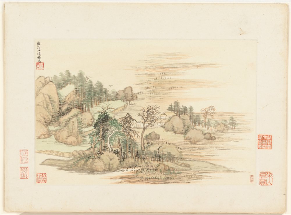 Pejzaże według starych mistrzów, datowane na 1674 i 1677 (album z dwunastoma liśćmi; tusz i kolor na papierze) autorstwa Qing Dynasty Chinese School