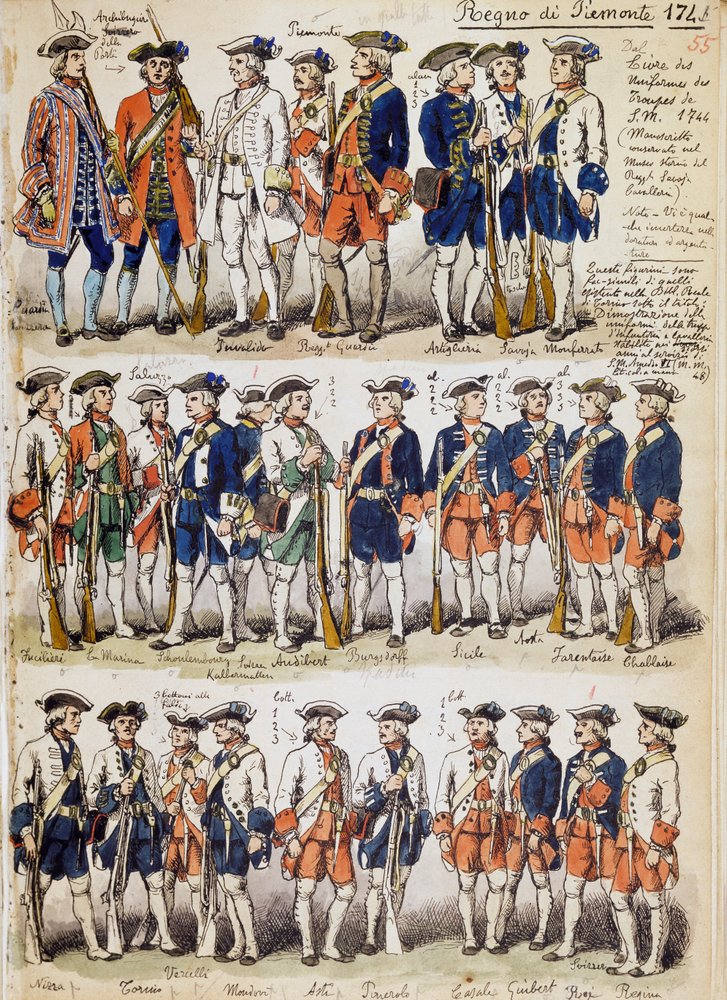 Mundury wojsk Królestwa Piemontu w 1744 r., tablica zaczerpnięta z Kodeksu Cenni, zbiór szkiców wojskowych rysowanych przez Quinto Cenni (1845-1917) autorstwa Quinto Cenni