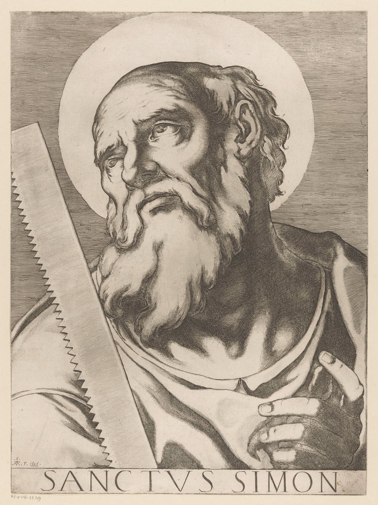 Św. Szymon Zelota Święty Szymon (tytuł na obiekcie) Chrystus, Maryja en de twaalf apostelen (tytuł serii) Święte Kolegium Apostolskie (tytuł serii) autorstwa Raffaello Schiaminossi