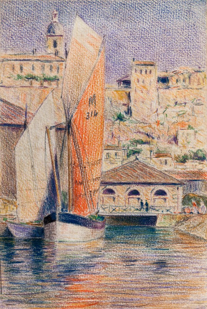 Port Bourg-sur-Gironde z gabarem (ołówek i pastel na papierze) autorstwa Raymond Bonnefon