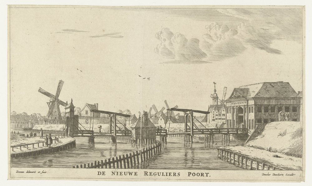 Widok na trzeci Regulierspoort w Amsterdamie Nowa zwykła brama (tytuł na obiekcie) Bramy miasta Amsterdamu (tytuł serii) Nowe i efektowne obrazy bram miejskich Amsterdamu ujawnione przez R.N. Marynarz (tytuł serii autorstwa Reinier Nooms