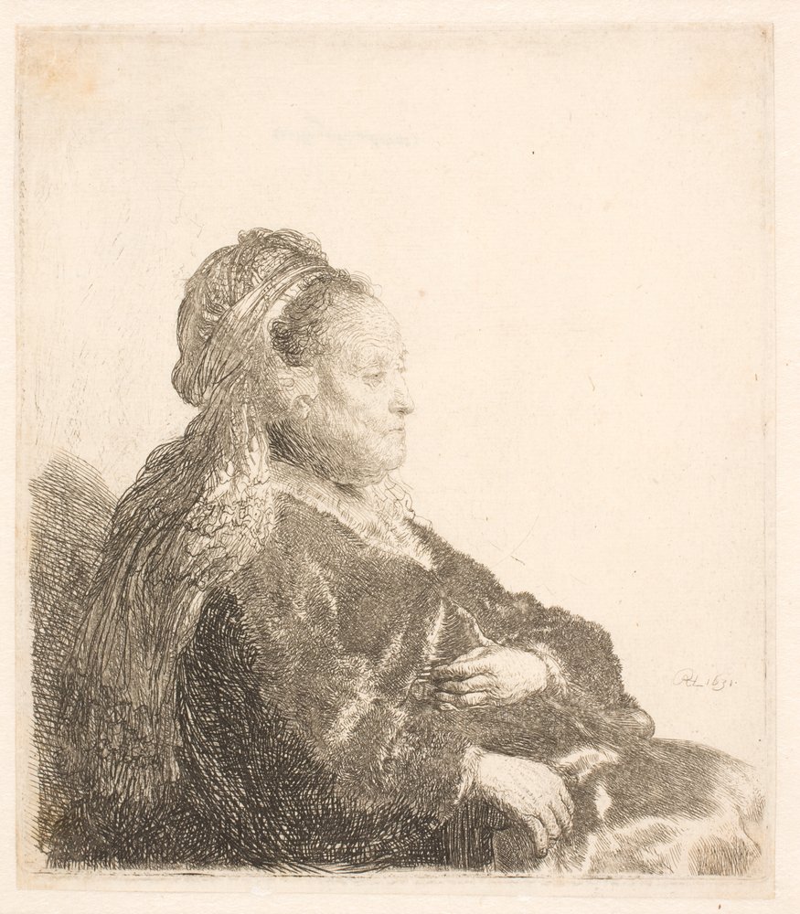 Matka Rembrandta siedząca w prawo, w orientalnym nakryciu głowy: półdługa, pokazująca ręce autorstwa Rembrandt van Rijn