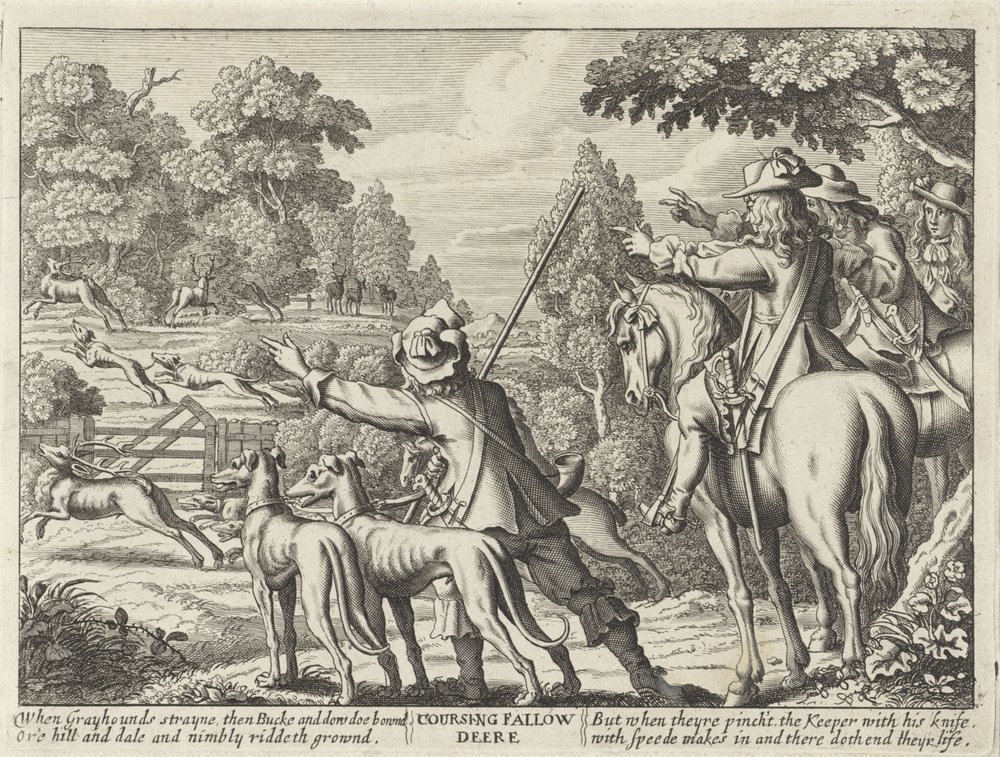 Herten nagejaagd drzwi jachthonden Coursing Fallow Deere (tytuł na obiekcie) Jachtpartijen (tytuł serii) Kilka sposobów polowania, łowienia ryb i wędkowania, według angielskiej manier (tytuł serii) autorstwa Richard Gaywood (possibly)