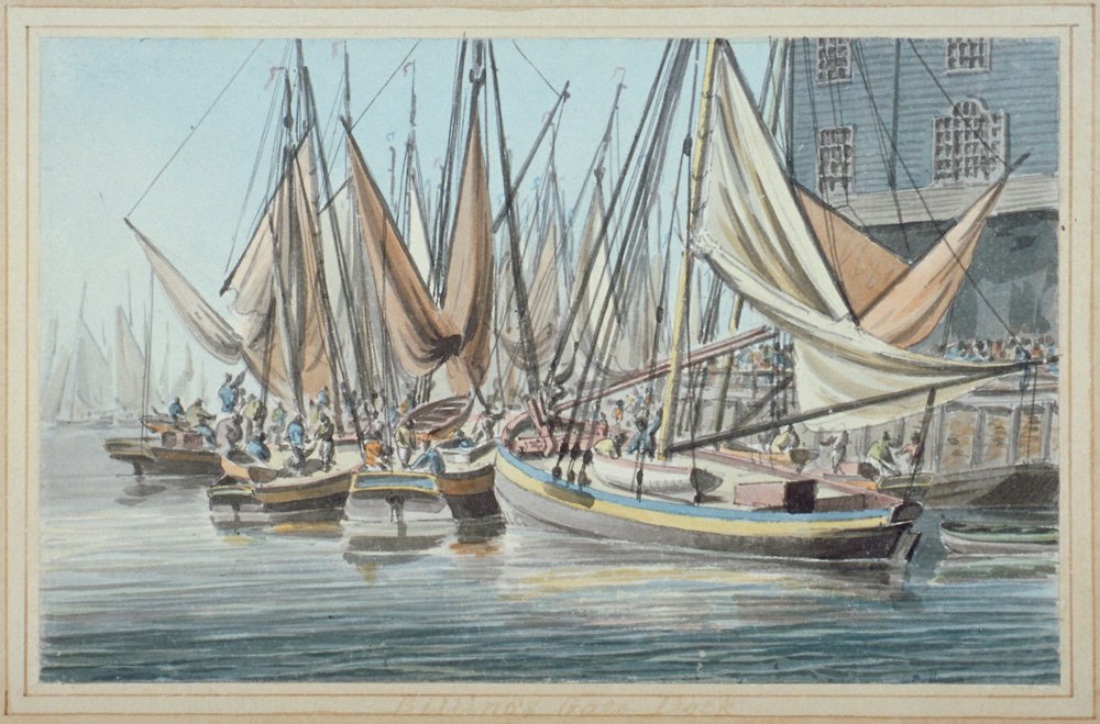Widok na nabrzeże Billingsgate z łodziami na wodzie, City of London, 1790. autorstwa Robert Clevely