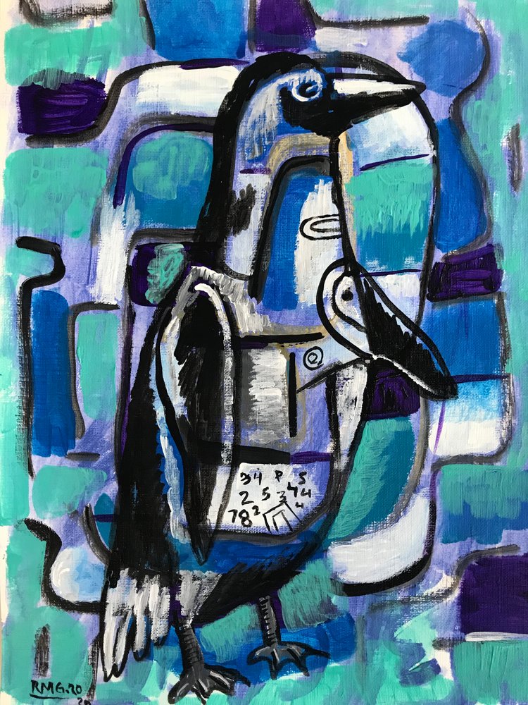 Mrożony pingwin, ok. 2020 (akryl na papierze) autorstwa Roberto Munguia