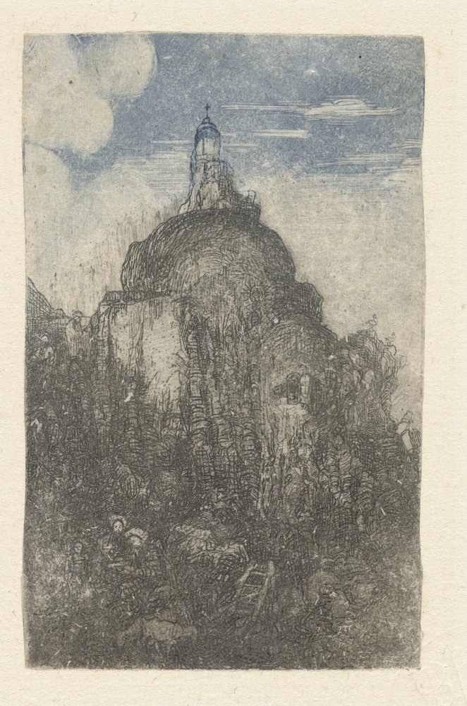 Budynek na skale i odpoczywający pasterze z owcami u podnóża skały Le Phare Chapelle alpestre autorstwa Rodolphe Bresdin