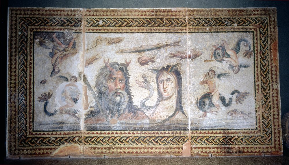 Posadzka przedstawiająca Okeanosa i Tetydę wśród stworzeń morskich z Belkis (obecnie Zeugma) Turcja (mozaika) autorstwa Roman