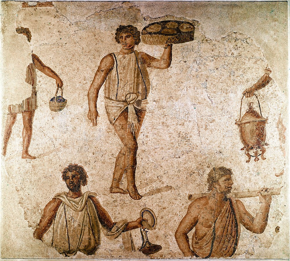 Sztuka rzymska: służba na bankiecie. Fragment mozaiki z Kartaginy w Tunezji. 180-190 n.e. Paryż, Luwr autorstwa Roman