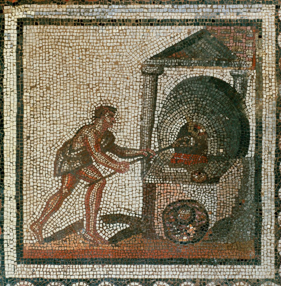 Wkładanie chleba do piekarnika (mozaika) autorstwa Roman Roman