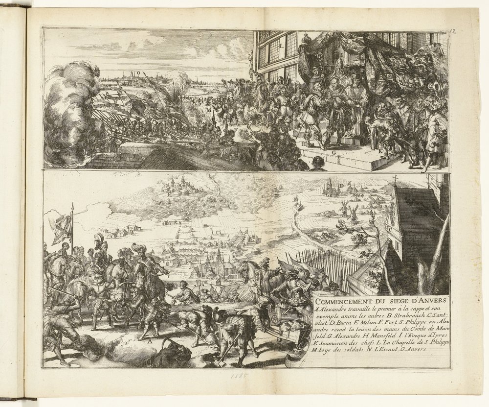 Dwa przedstawienia oblężenia Antwerpii przez księcia Parmy, 1584-1585 Commencement du siege d