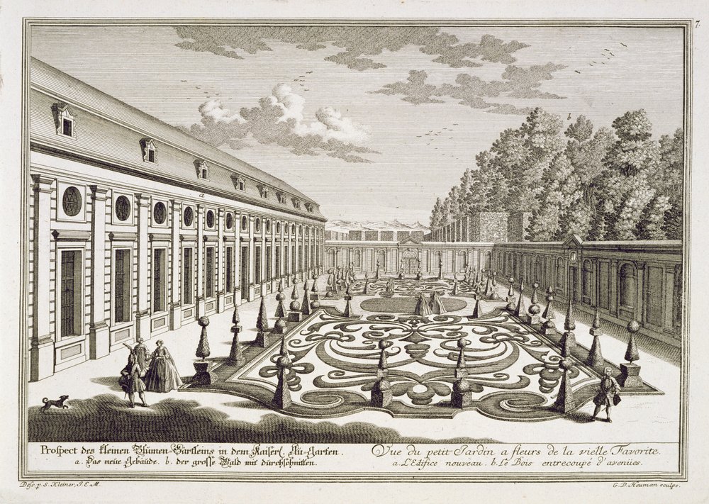 Widok na ogród kwiatowy pod Wiedniem, z „Prezentacja następującego ogrodu rozkoszy poza Residenz-Stadt Wienn, rytowana przez Georga Daniela Heumanna (1691-1759), opublikowana ok. 1724-37 autorstwa Salomon Kleiner
