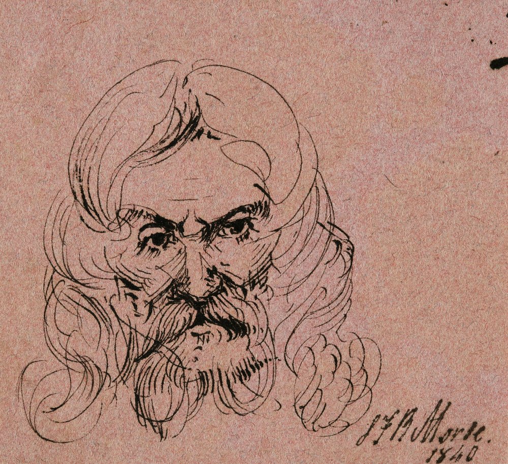 Szkic głowy brodatego mężczyzny z długimi włosami, 1840 (długopis i czarny tusz na różowym papierze tkanym) autorstwa Samuel Finley Breese Morse