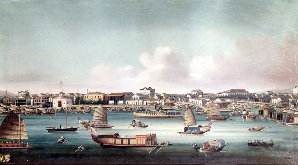 Port w Kantonie (Chiny) około połowy XIX wieku. Anonimowy obraz chiński. autorstwa School Chinese