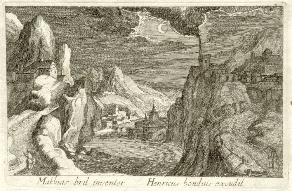 Krajobraz rzeki przy świetle księżyca Różne krajobrazy (tytuł serii) Topographia variarum regionum (tytuł serii) autorstwa Simon Frisius (attributed to)