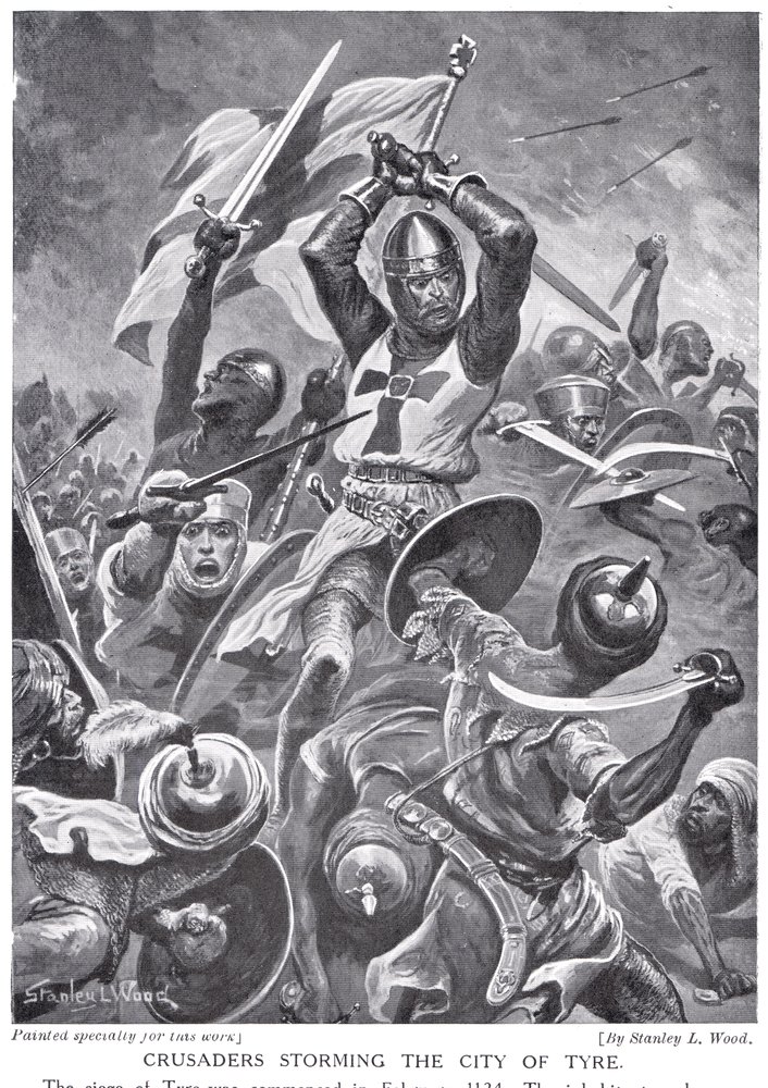 Krzyżowcy szturmują miasto Tyr, ilustracja z „Hutchinson’s History of the Nations” autorstwa Stanley L. Wood