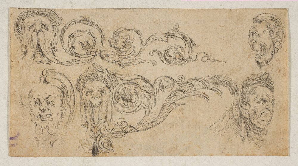 Tablica 4: pięć groteskowych głów, z 'Fryzy, liście i groteski' Fryz, feu..., ca. 1642-43. autorstwa Stefano della Bella