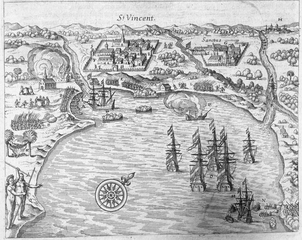 Flota Jorisa van Spilbergena (ok. 1568-1620) docierająca do Brazylii w Sao Vicente, z „Newe Welt und Americanische Historien” Johanna Ludwiga Gottfrieda, wydanej przez Mattaeusa Meriana, Frankfurt, 1631 ( autorstwa Theodore de Bry