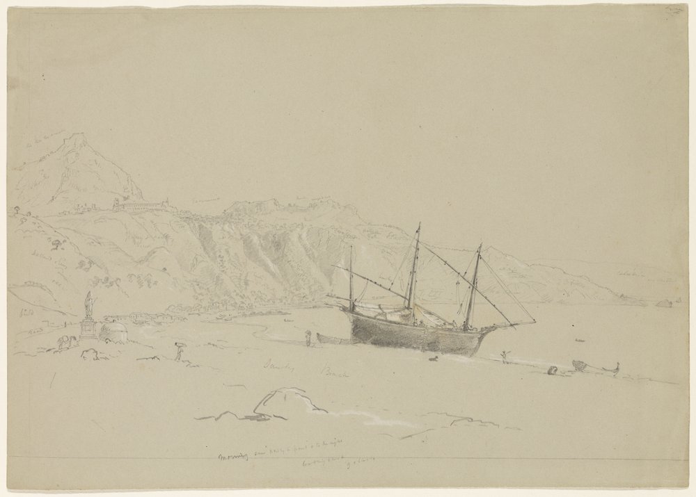 Łódź na plaży w pobliżu Taorminy, Sycylia, 1842 (ołówek podkreślony białą kredą na papierze) autorstwa Thomas Cole