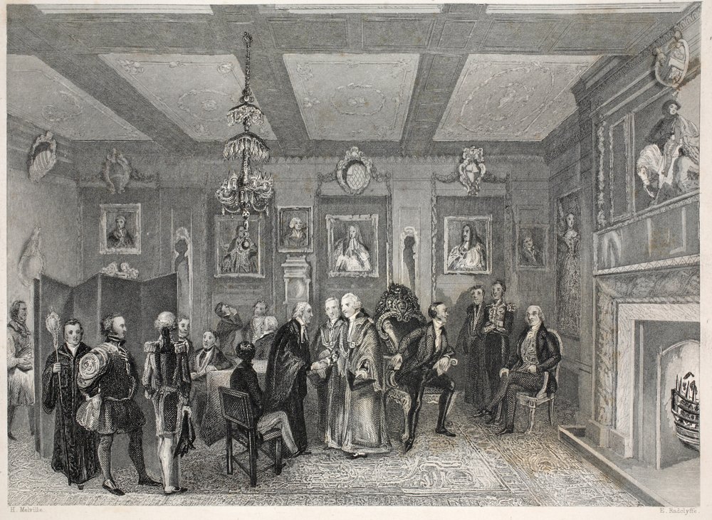 Sala Rady, Sala Winiarzy, z pubu „London Interiors with your Costumes and Ceremonies”. Joseph Mead, Londyn, c.1843 (rycina stalowa) autorstwa Thomas Hosmer Shepherd