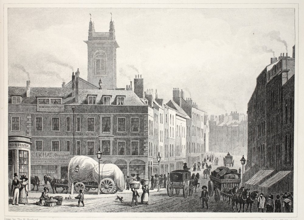 Most Holborn, kościół św. Andrzeja itp., z pubu „Londyn i jego okolice w XIX wieku”. Jones und Co., 1827-1829 autorstwa Thomas Hosmer Shepherd