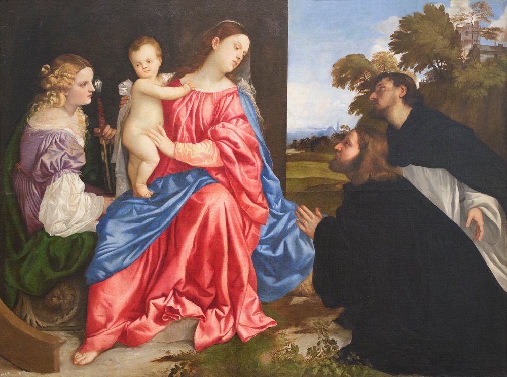 Święta rozmowa ze św. Katarzyną i Dominikiem oraz ofiarodawcą, ok. 1533 r. (olej na płótnie) autorstwa Titian (c.1488-1576)