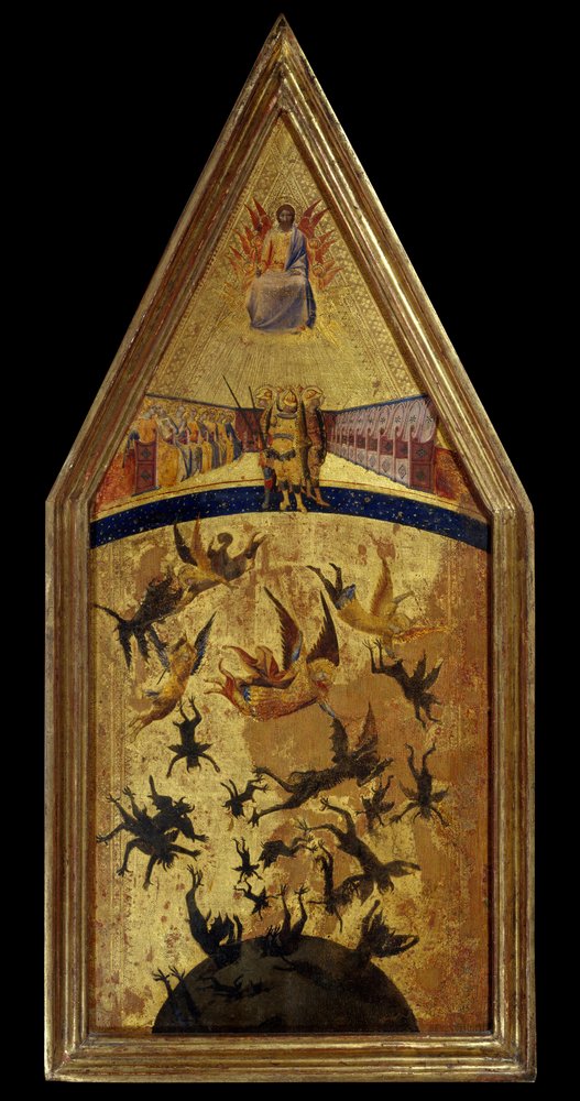 Upadek zbuntowanych aniołów. Obraz Mistrza Zbuntowanych Aniołów szkoła sieneńska, pierwsza połowa XIV wieku. Paryż, Musee Du Louvre. autorstwa Tuscan School