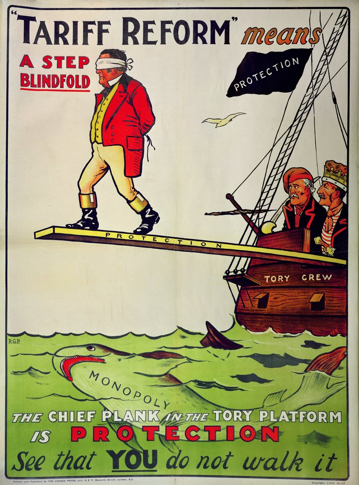 „Reforma celna oznacza krok z zawiązanymi oczami”, plakat broniący wolnego handlu przed atakiem Partii Konserwatywnej, ok. 1910 autorstwa Unbekannt Unbekannt