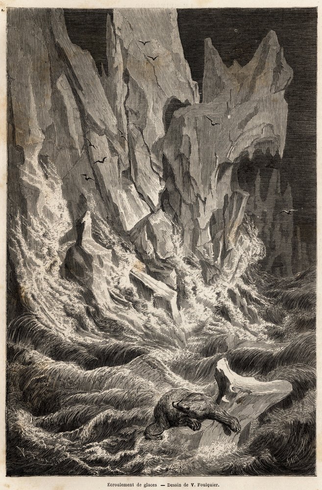 Niedźwiedź polarny wywodzi się z góry lodowej, po rozpadzie bryły lodu ze Spitzbergu, archipelagu Oceanu Arktycznego, rys. V.Foulquier, ilustrujący Spitzberg w latach 1838-1839, autorstwa Charlesa Martinsa. Grawer w „”Le tour du monde””, pod redakcją autorstwa Unknown artist
