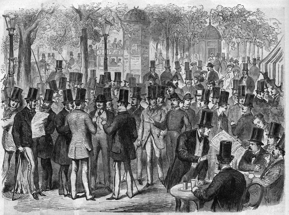 Brokerzy w pobliżu małego Bourse du Boulevard des Italians w Paryżu we Francji. Grawerowanie w „Wspaniałym Wszechświecie” autorstwa Unknown artist