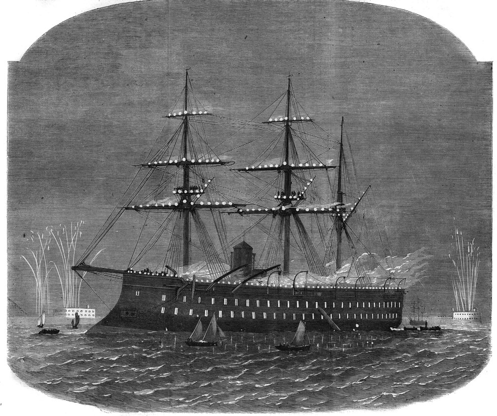 Iluminacja floty w porcie Spithead podczas podróży egipskiego sułtana Ismaila Paszy (1830-1895) do Anglii. Rycina w „L