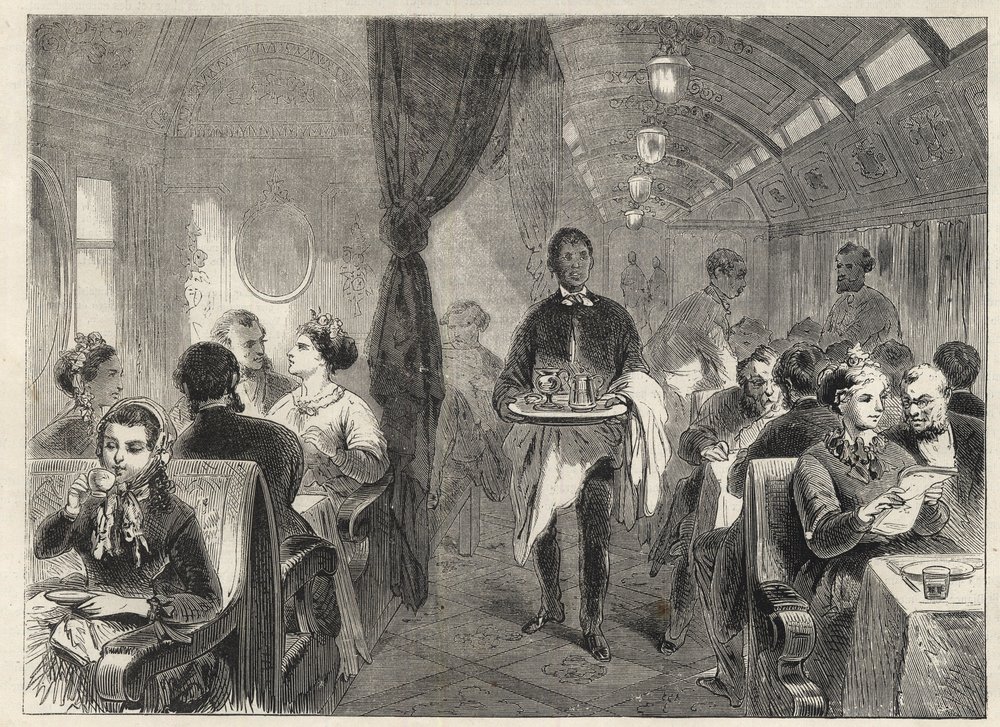 Wagon restauracyjny Pullman Kolei Pacyfiku w 1869 r. - wewnątrz wagonu hotelu na Pacyfiku - autorstwa Unknown artist